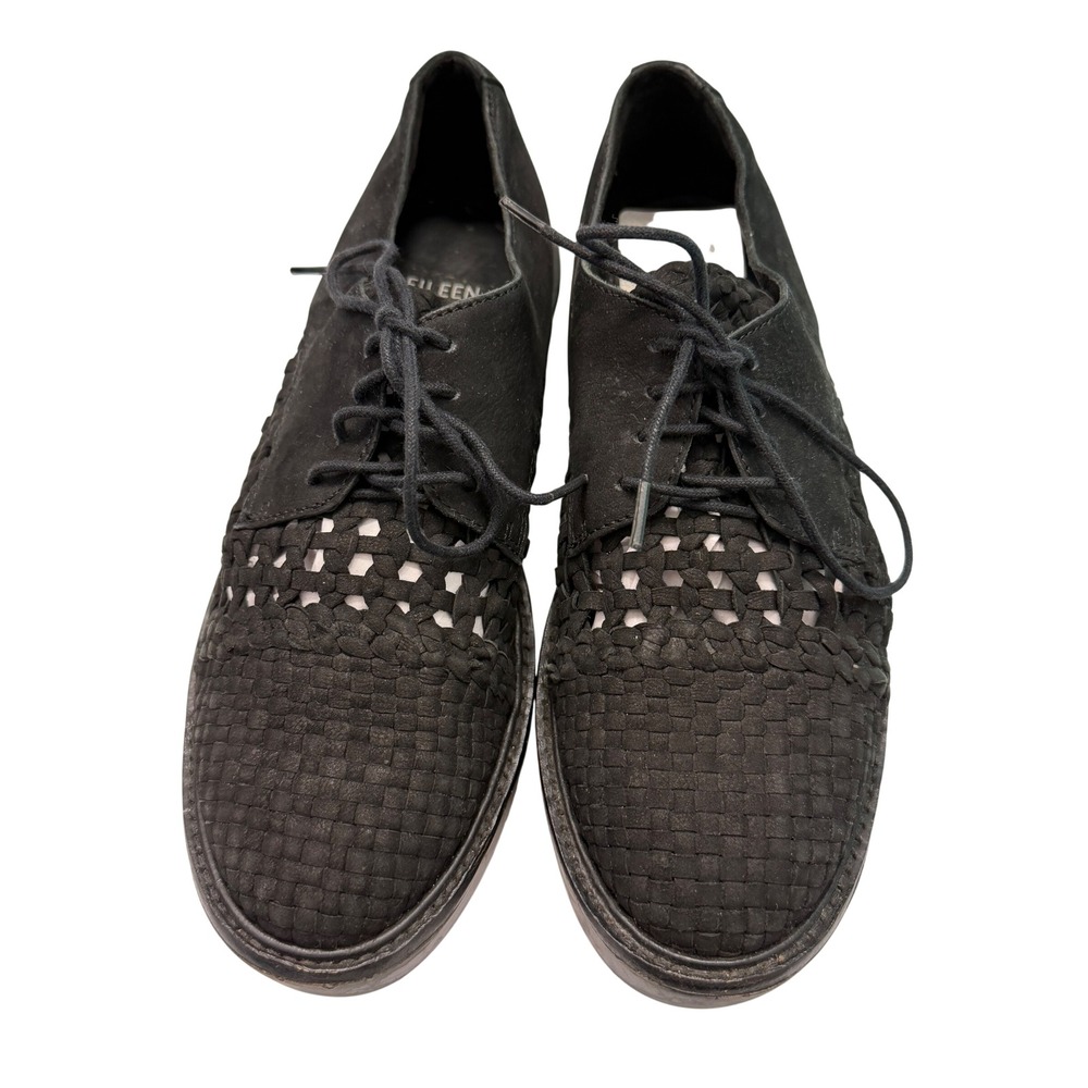 Eileen Fisher Black Leather Woven Platform Oxfords Lace Up Shoes Womens 6.5